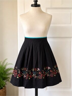 Black Multicolor Embroidered Floral Cotton A-Line Skirt 14